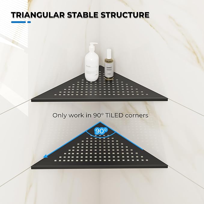 FerdY 2-Pack 10" Matte Black Recessed Corner Shower Shelf, for Tiled Bathroom Walls, 304 Stainless Steel Floating Shelf, Shower Caddy Storage Shelves, No Drilling Required, Point Triangle
