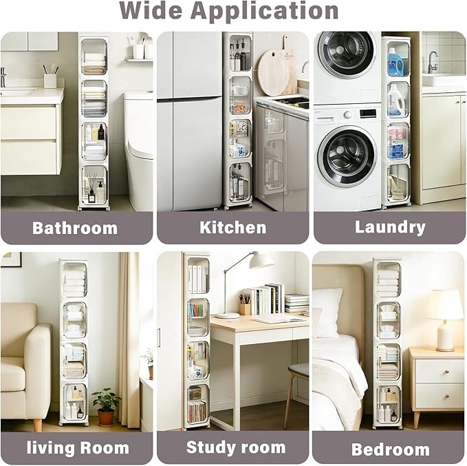 4-Tier Slim Bathroom Storage Cabinet, Narrow Storage Cabinet with Wheels, Adjustable Shelves, Magnetic Doors, Water-Proof, Anti-Tip Skinny Organizer Cabinet for Small Space, Cream White