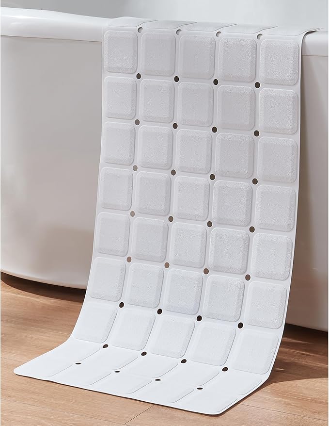 Webos Non-Slip Bath Mat for Tub & Shower：Silicone Foldable Bathtub Mat with Strong Suction Cups, Quick Drain Holes, Machine Washable Extra Large Bathroom Mats 35.8" x 17.7", White