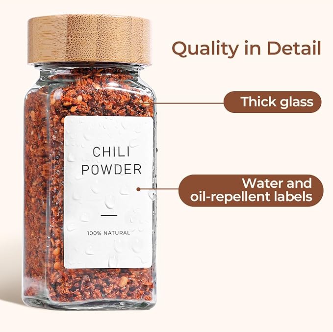 ComSaf 4 oz 6Pcs Glass Spice Jars with Label, Empty Spice Containers with Bamboo Lids, Square Seasoning Containers Trial and Supplement Set, Small Seasoning Bottles for Salt, Herbs, Sugar, Pepper