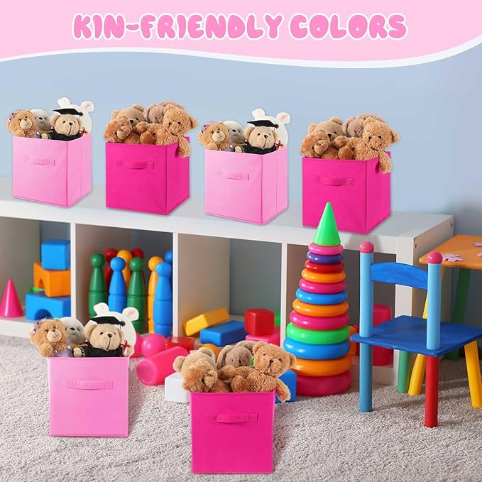 Yinder 12 Pcs Cube Storage Bin Pink 11'' Storage Bins for Playroom Decor Colorful Bins for Kids Foldable Baskets for Nursery Organizer Boxes Fabric Boxes