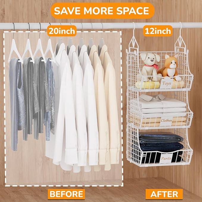 Hanging Closet Organizers and Storage, 3 Tier Closet Shelf Clothes Organizer with 2 S-Hooks, Multi-Functional Iron Wire Baskets, for Clothing, Sweaters, Handbags, Hat, Canned