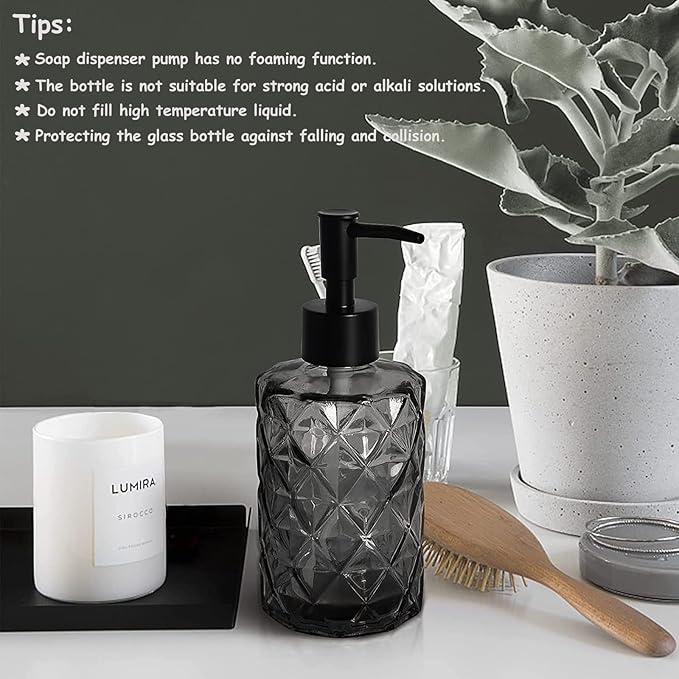 Glass Soap Dispenser with Black Plastic Pump, 12oz Refillable Liquid Hand Soap Dispenser, 2 Pack Crystal Lotion Bottle for Modern Home Decor, Bathroom, Kitchen Countertop, Hotel