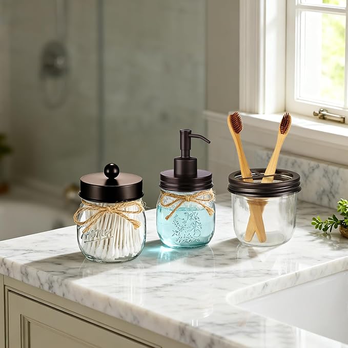 Amolliar Mason Jar Bathroom Accessories Set 4 Pcs -Lotion Soap Dispenser & 2 Qtip Holders & Toothbrush Holder - Rustic Farmhouse Decor, Bathroom Home Decor (Bronze)