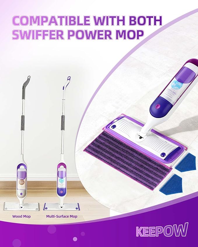 KEEPOW Reusable Power Mop Refills Pads Compatible with Swiffer PowerMop Pad with Scrubbing Pad Microfiber Power Mop Pads Refill for Spray Mop Washable Pads for Multi-Surface Floor Cleaning, 4 Pack