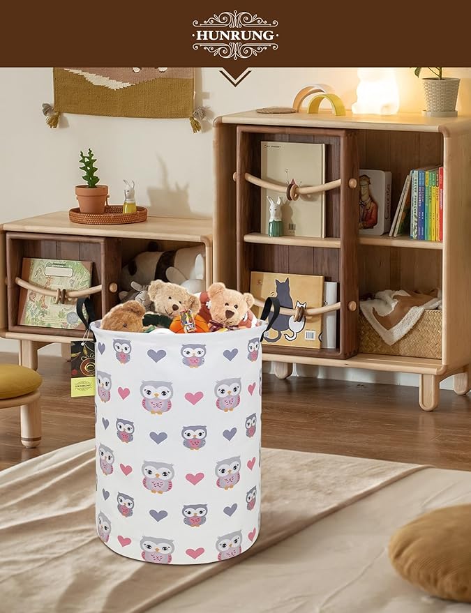 HUNRUNG Laundry Hamper,Large Canvas Fabric Lightweight Storage Basket Toy Organizer Dirty Clothes Collapsible Waterproof for College Dorms（Round-Love Owl）