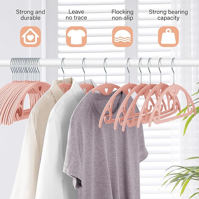 IEOKE Velvet Hangers 30 Pack: Felt Clothes Hangers Heavy Duty Shirt Sweater Hangers No Shoulder Bump Non Slip Slim Thin Coat Hangers for Closet - Pink/18 XL