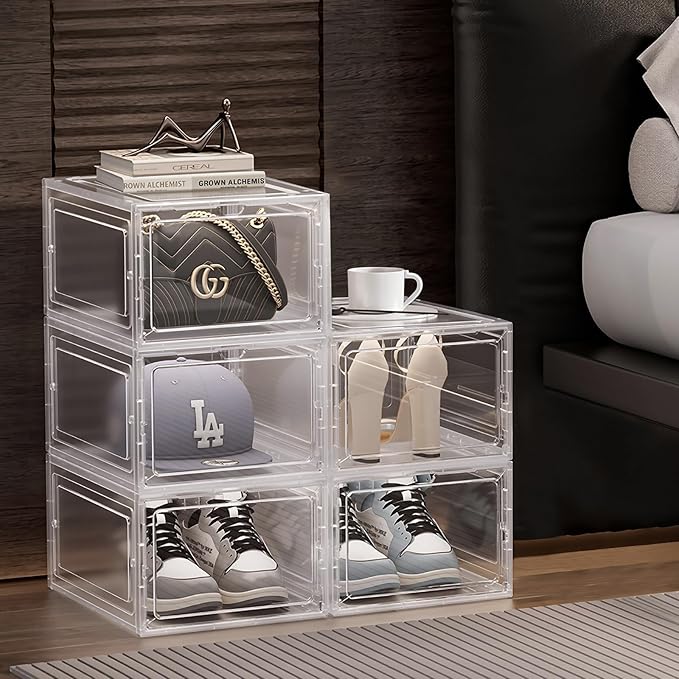 Clear Shoe Storage Boxes Stackable – Acrylic Shoe Box Organizer with Drop Front, Thicken & Sturdy Shoe Boxes for Kids Shoe Storage, Assemble Shoe Drawer Organizer, 5 Pack
