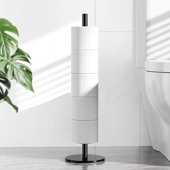 Black Toilet Paper Holder Stand for Spare Rolls Storage, Stainless Steel Freestanding Toilet Paper Holder with Shelf Hold 5 Paper Rolls