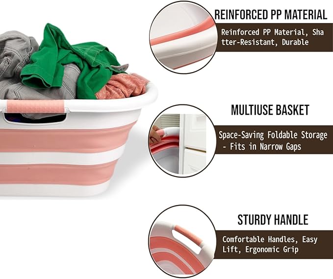 SAMMART 40L (10.5 gallon) Set of 2 Collapsible Plastic Laundry Hamper - Foldable Pop Up Storage Container/Organizer - Portable Washing Tub - Space Saving Basket (2, White/Quartz Pink)