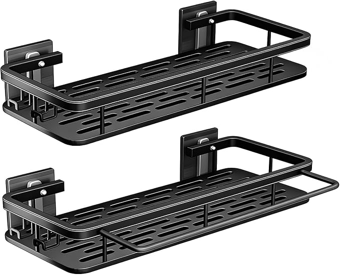 EVALAND Shower Caddy Adhesive 2-Pack with Hooks and Rod for Towels, Black – Premium Bathroom Shower Shelves, Shampoo Organizer, Bathtub Shelf, Rustproof, Easy Installation, Sturdy Modern Look