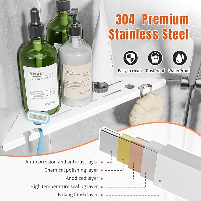 HBXS Shower Corner Shelf, 304 Stainless Steel, Black, Wall Mount, Triangular, 10 x 10 Inches, Leak Resistant, 2 Pack, Bathroom Storage Organizer with Brushed Finish