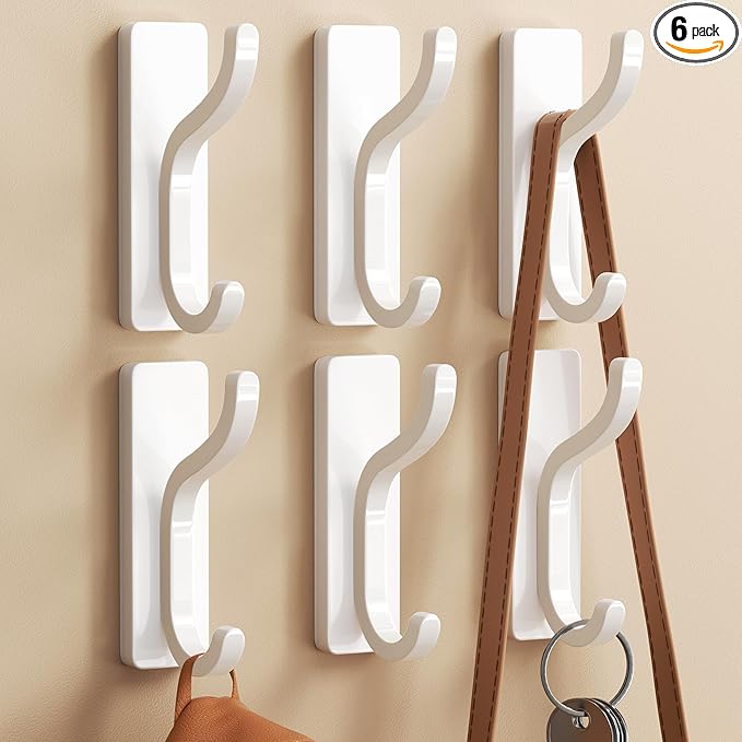 pickpiff Adhesive Wall Coat Hooks - Heavy Duty Stick-On Door Hanger, Metal Hook for Hanging Towel,Purse, Robe, Backpack, Jacket, Clothes - for Bathroom,Dorm, Closet, Kitchen - White, 6 Pack