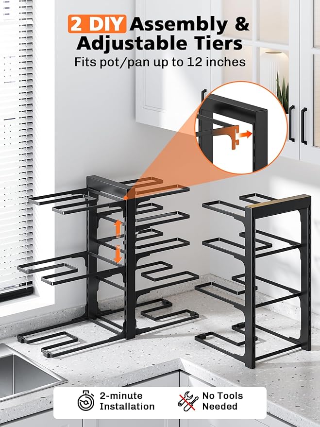 MUDEELA 8-Tier Pots and Pans Organizer under Cabinet, 15.83" Height Heavy Duty Pot Pan Organizer Kitchen Cabinet Organization and Storage, Adjustable Pot Rack for Frying Pan, Cast Iron Skillet, Black