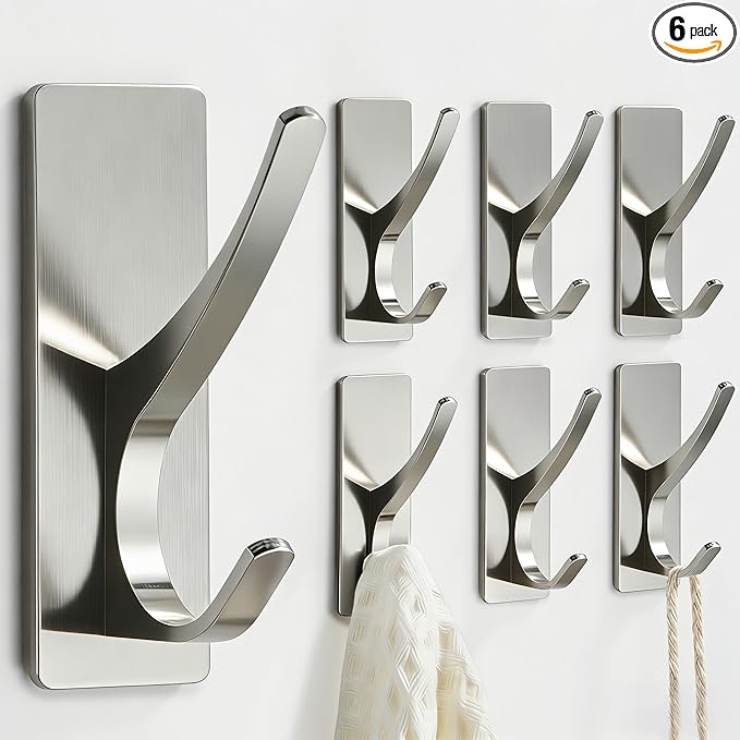 pickpiff Self Adhesive Coat Hooks for Hanging: Heavy Duty Stainless Wall Hook for Towel, Utensil, Backpack, Hat, Sturdy Metal Hanger for Bathroom, Kitchen, Door, Brushed Nickel, 6-Pack