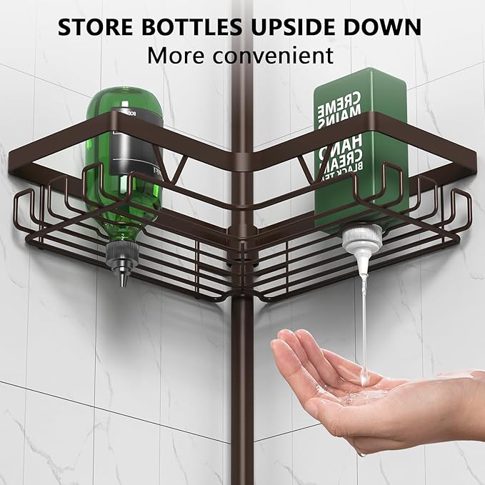 Corner Shower Caddy Tension Pole - Adjustable 4-Tier Shower Shelf Stainless Steel Corner Tension Rod Bathroom Organizer Shampoo Holder with Soap Holders & Hooks for Bath, Tub, Floor Space Saving