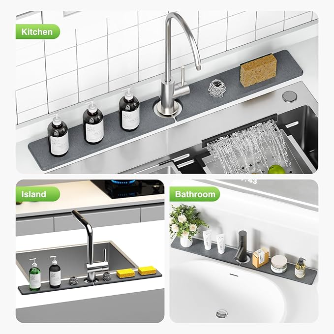 30" x 4" Stone Faucet Mat for Kitchen Sink, Quick Drying Diatomite Sink Tray, Faucet Sink Splash Guard for Prevents Moisture Buildup (Dark Gray)
