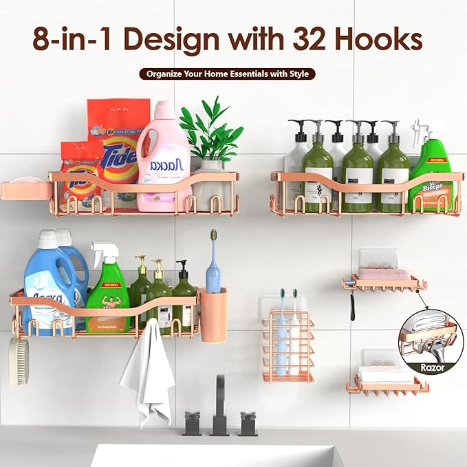 Shower Caddy Adhesive Shower Organizer 8-Pack, Rustproof Stainless Steel Bathroom Shelves, Large Capacity No-Drill Rack Storage Accessories with Soap Dish Toothbrush Holder Hooks