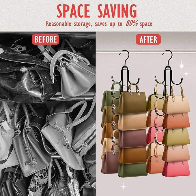 Purse Organizer for Closet, Upgraded Purse Hanger with 10 Big Hooks, 360 Degree Rotation for Better Organizer and Display, Collapsible Space Saving Hangers Rack for Handbag, Scarve, Tie, Black
