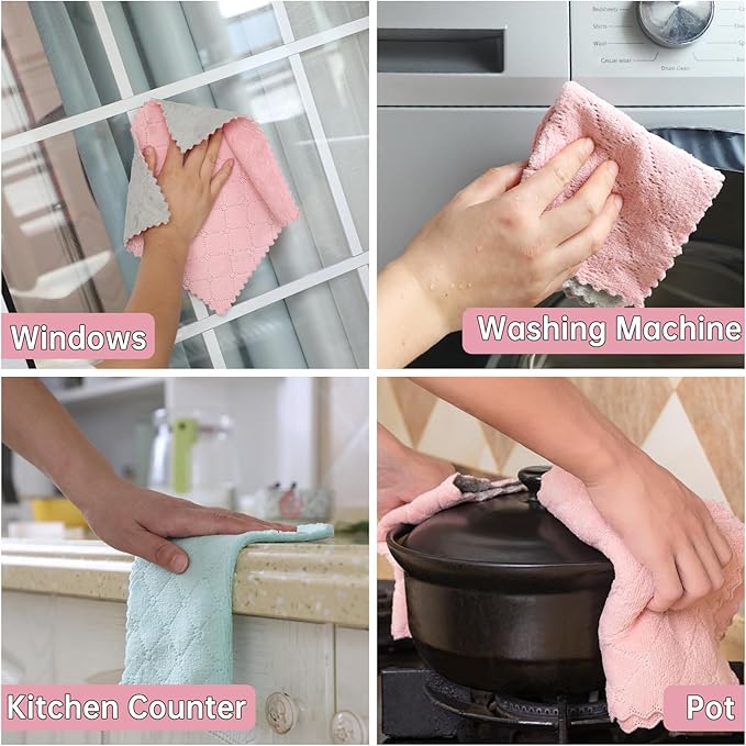 12 Pack Kitchen Cloth, Dish Towels, Microfiber Cleaning Cloths, Premium Coral Fleece Nonstick Oil Washable Fast Drying Cloths for Kitchen, Bathroom, Car and Household Cleaning Supplies, 10"×10"