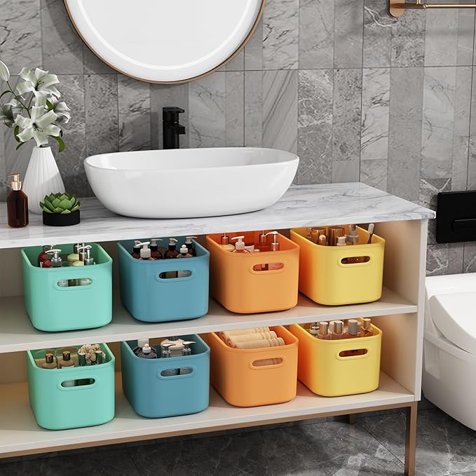 12 Pack Colorful Storage Bins for Shelves, Plastic Storage Containers for Organizing, Stackable Storage Boxes with Handle, Colored Storage Bins for Classroom, Craft, Snacks, Cabinet, 9.7x6.7x5.7 inch