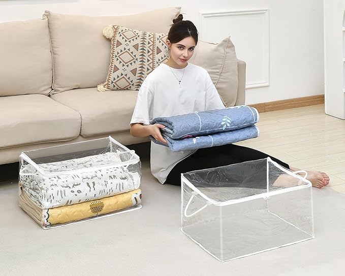 10 PCS Clear Zippered Storage Bags with Handle, Sweater Storage with Zipper, Foldable Closet Organizer Bed Sheet Organizer, Cube Plastic Organizer, Bag, Bin for Clothes,Towel-20 * 16 * 12