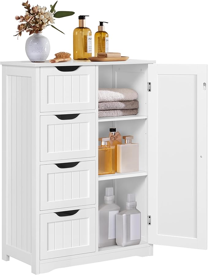 Yaheetech Wooden Floor Cabinet, Side Storage Organizer with 4 Drawers and 1 Cupboard, Freestanding Entryway Storage Unit Console Table, Bathroom Furniture Home Decor, White