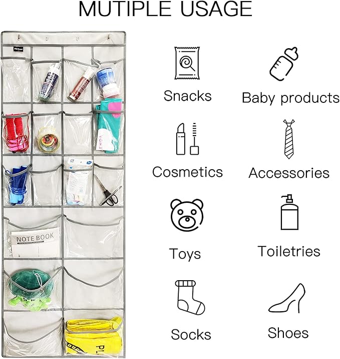 TidyMaster 2 Pack Extra Large Hanging Crystal Clear Over Door Shoe Organizers, Closet Shoe Rack Organizer, 12+6 Pockets, 8 Hooks, Grey (59" x 21.6")