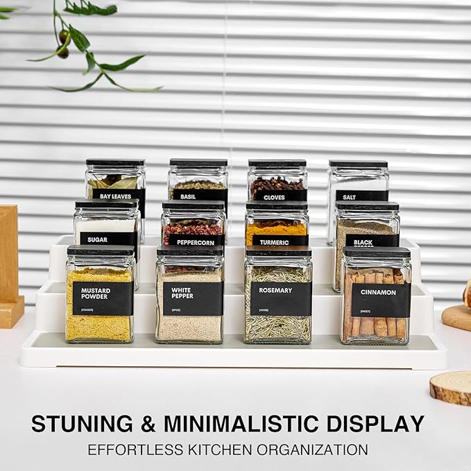 Glass Spice Jars with Bamboo Lid, 4oz Square Spice Containers for Pantry Organization, Seasoning Bottles with Labels, Spoons, Funnel for Salt Sugar