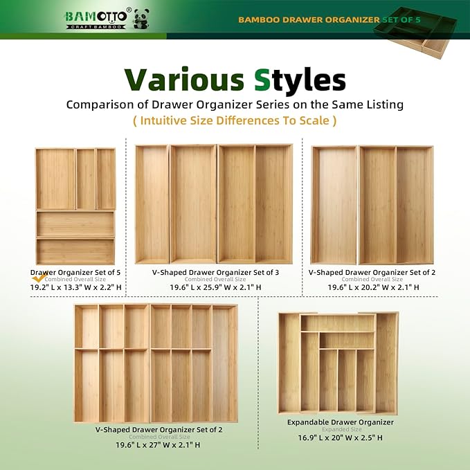 Stack Bamboo Drawer Organizer Set of 5, Kitchen Utensil, Flatware&Silverware Organizer-Wood Laminated Stackable for Kitchen, Bedroom, 13.4''x4.5''*2+10.2''x3.3''*2+10.2''x6.7''*1