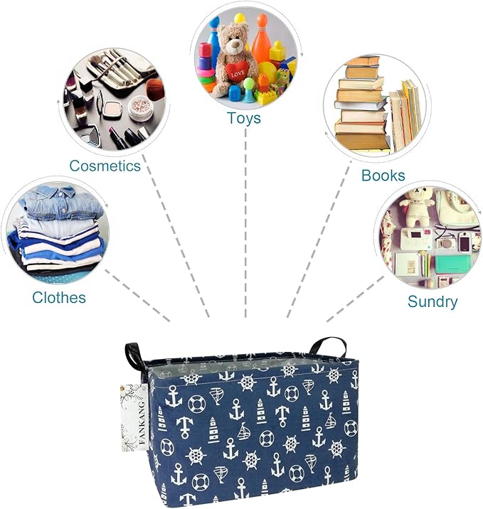 FANKANG Storage Basket,Nursery Hamper Canvas Laundry Basket Foldable with Waterproof PE Coating Storage, Office, Bedroom, Clothes,Toys (Rec-Sailboat)