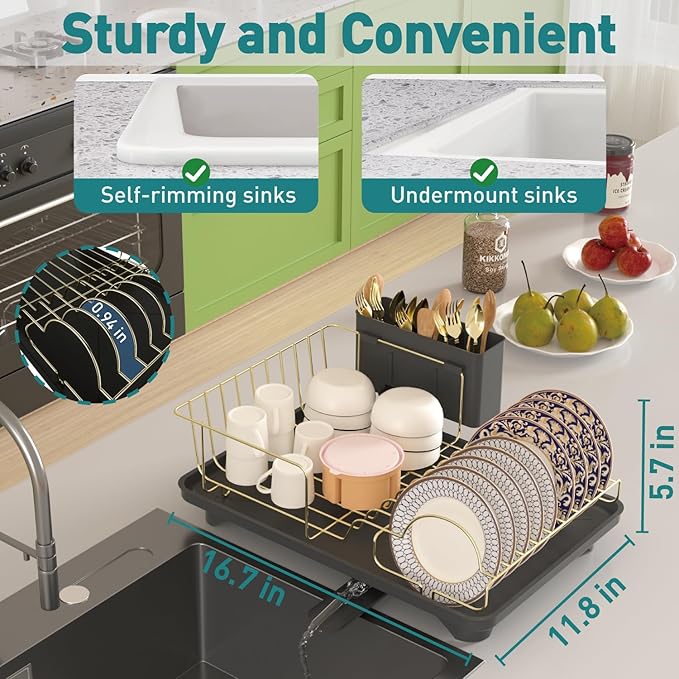 Buruis Dish Drying Rack for Kitchen Countertop, Large Capacity Gold Stainless Steel Dish Drainer with Anti-Slip Rubber Feet, Removable Drain Board and Utensil Holder (Black Tray)