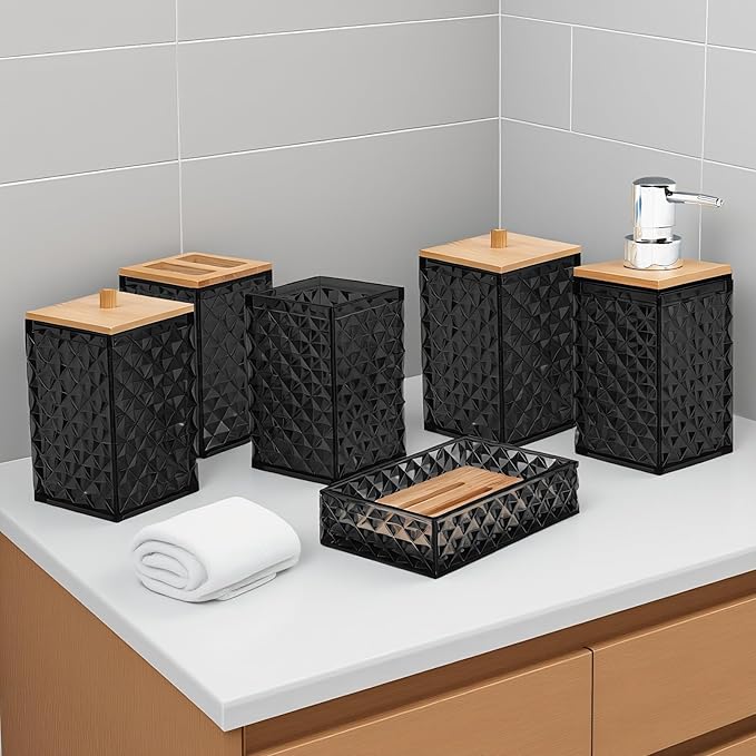 Bathroom Accessory Set,6 Pcs Black Bathroom Set Include Soap Dispenser, Qtip Holder Dispenser, Soap Dish,Toothbrush Holder & Mouthwash Cup.Boho Bathroom Set