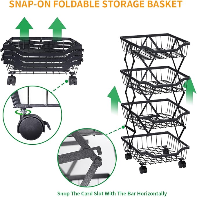 Fruit Basket for Kitchen 4 Tier Stackable Fruit Vegetable Storage Baskets with Wheels Metal Wire Storage Basket Organizer Cart for Kitchen Livingroom Diningroom Office, Black