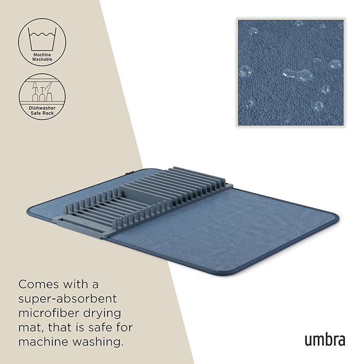 Umbra Udry Dish Rack and Microfiber Drying Mat – Space-Saving Design Folds Up for Easy Storage, Basic Rack, Slate Blue