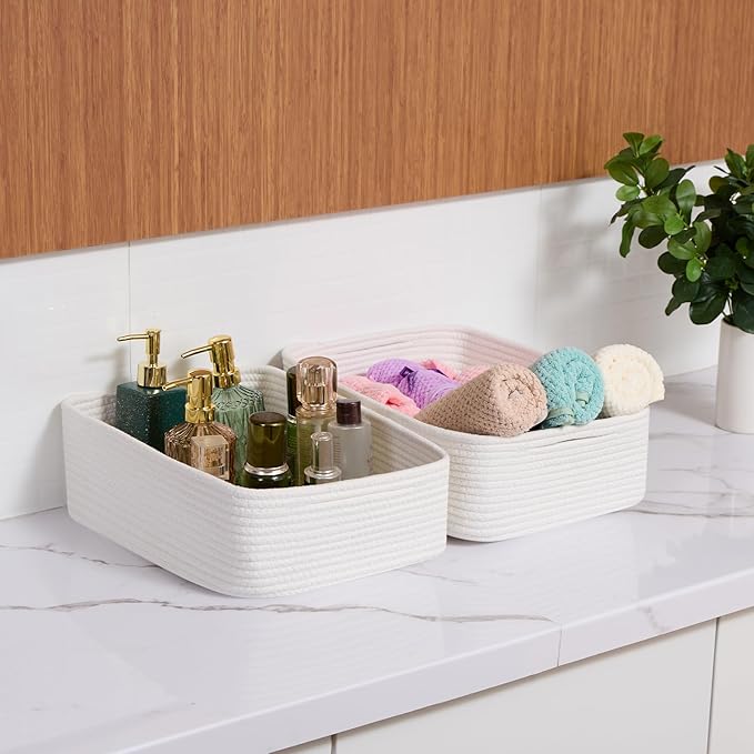 Large Shallow Organizing Baskets 15x11x5.1 Inches - Rope Woven Storage Bins for Bathroom, Shelves, Cube Closet, Off White 3 Packs