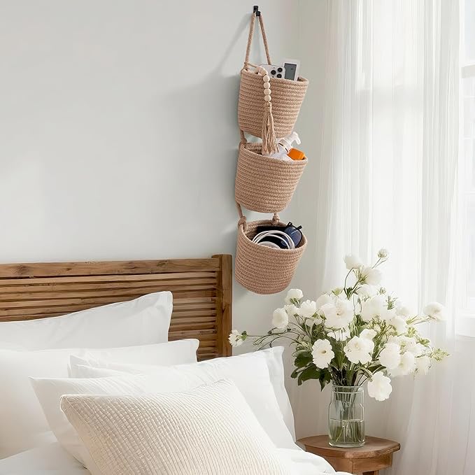 Fabric Wall Hanging Organizers - Small Woven Baskets Pouches Set Boho Style Wall Mounted Bag with Adhesive Hook, Storage Decoration Pocket Caddy for Closet Playroom RV Nursery (Linen & Black)