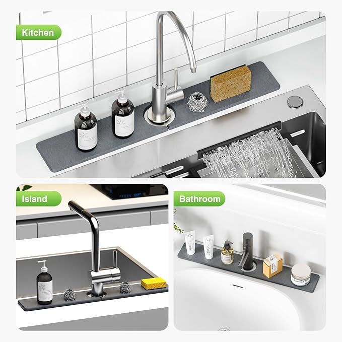 23.6" x 4" Stone Faucet Mat for Kitchen Sink, Quick Drying Diatomite Sink Tray, Faucet Sink Splash Guard for Prevents Moisture Buildup (Dark Gray)