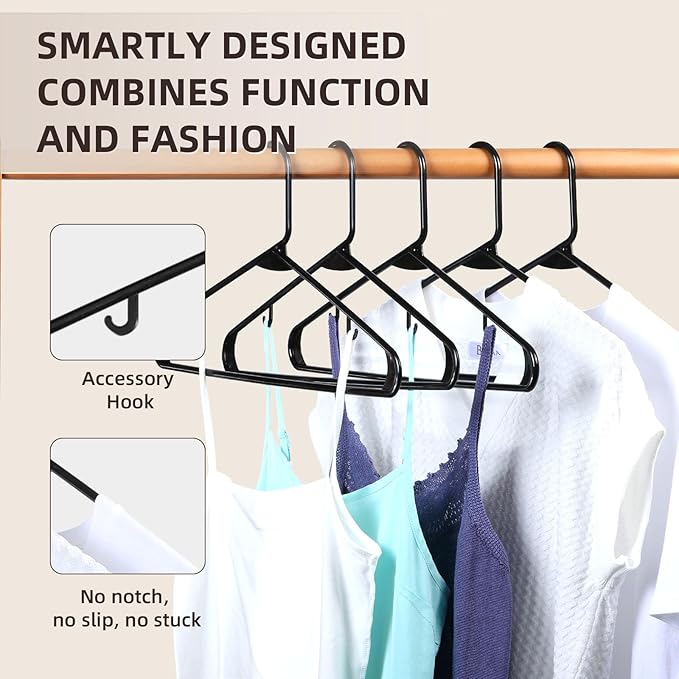 Plastic Hangers 20 Pack, Pants Hangers with Clips, Durable Non-Slip Space-Saving for Single Person Needs Include 10 Clips+ 4 connectors+1 Belt Storage (2, Black)