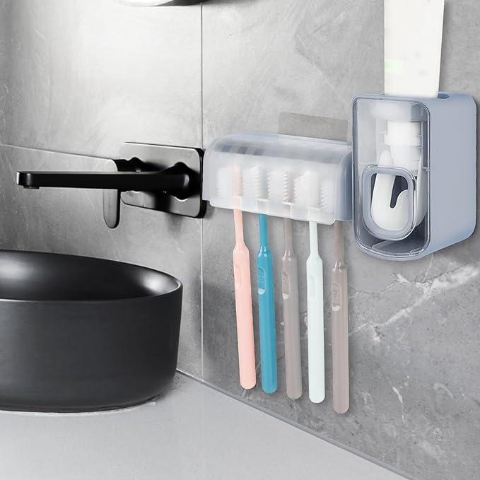 5 Slots Wall Mount Toothbrush Holder with Cover, Self Adhesive Toothbrush Storage Organizer for Shower, Toothbrush Hanger with Automatic Toothpaste Squeezer Dispenser (Grey)