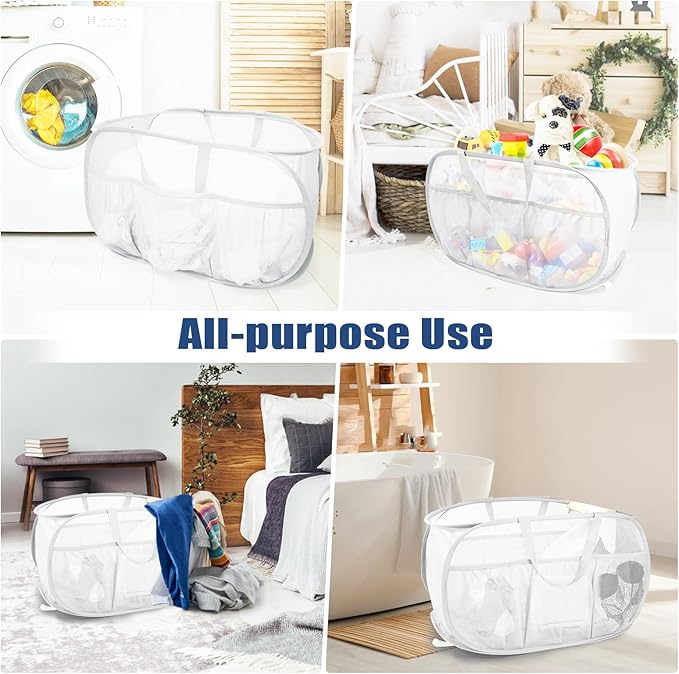 2 Pack Collapsible Laundry Baskets, Upgrade Pop Up Laundry Hamper with Convenient Bags, Foldable Laundry Basket Mesh Light Weight, Easy to Carry Clothes Hampers for Laundry, Dorm, Toys, Travel White