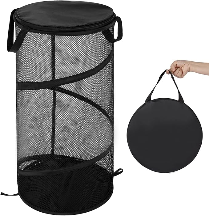 BATTOO Large Collapsible Laundry Basket with Lid Foldable Mesh Pop Up Hamper with Handles for Laundry Room, Bathroom, Kids Room, College Dorm, Travel, Storage Organizer Black