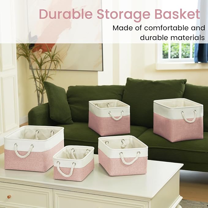 Large Storage Baskets- 16x12x12 inch Storage Bins for Shelves and Closet Organizing, Foldable Fabric Bin for Home Organization Clothes and Laundry (1-Pack, White&Pink)