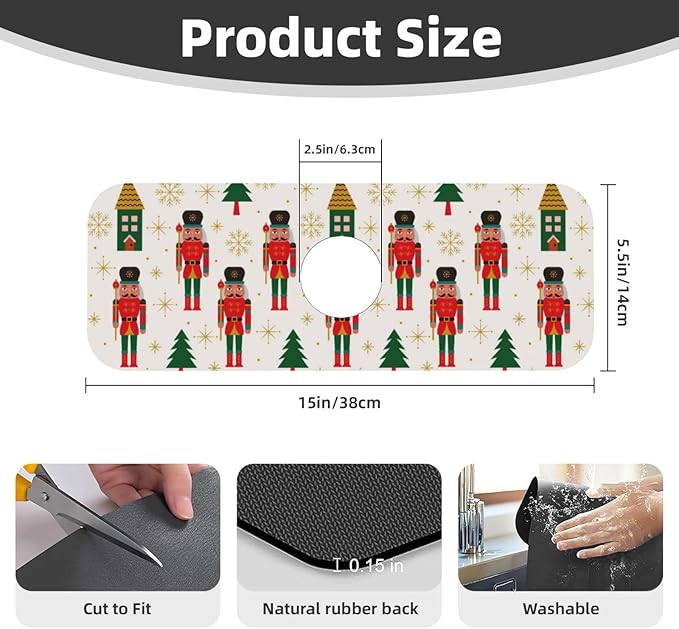 Nutcracker Christmas Tree Snowflakes Kitchen Sink Splash Guard Faucet Mat Super Absorbent Fast Drying Mat Sink Gadgets-Fast Drying Pad Sink Mat For Kitchen Bathroom (15" X 5.5" )
