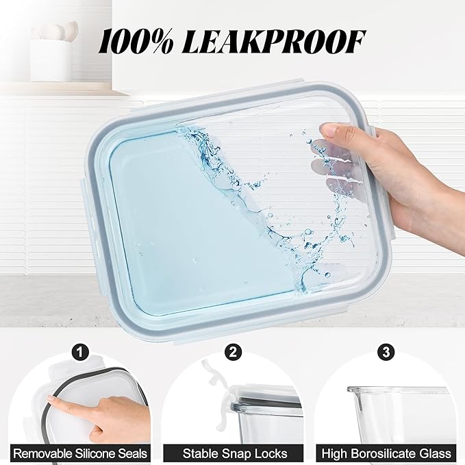 2Pack 9.8 Cups/ 78 Oz Large Glass Food Storage Containers with Lids, Glass Meal Prep Containers with Airtight Lids - BPA Free, Leakproof, Ideal for Food Storing/Serving, Microwave/Oven Safe