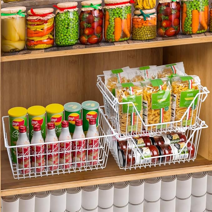SANNO Freezer Baskets, Pantrty Storage Bins, Farmhouse Metal Wire Organizer for Kitchen Pantry Organizer 14"x11"x6"