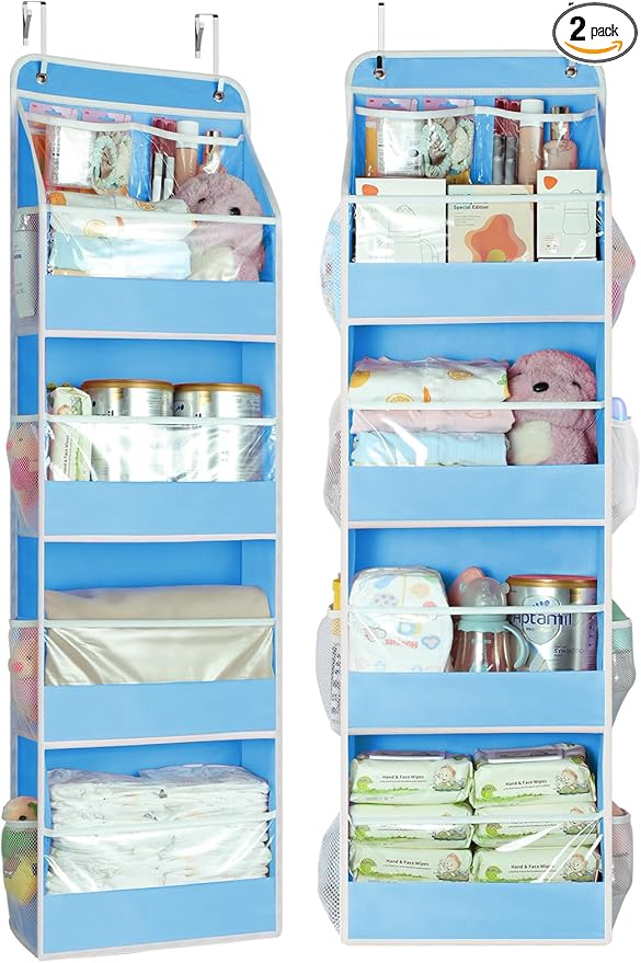 Yecaye 5 Tier 2Pc Over the Door Organizer, Swing-proof Door Organizer Hanging with Clear PVC Windows, Behind the Door Storage for Bedroom Nursery Closet Laundry Pantry Bathroom, Soft Sky Blue