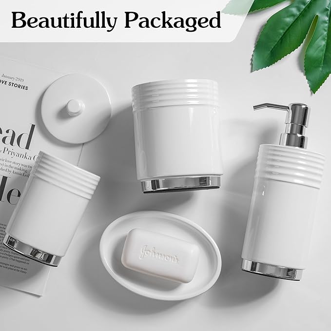 Bathroom Accessories Set 4 Pieces Ceramic Bathroom Accessory with Metal Base Set Contain Soap Dispenser Cotton Swab Jar Toothbrush Cup Soap Dish