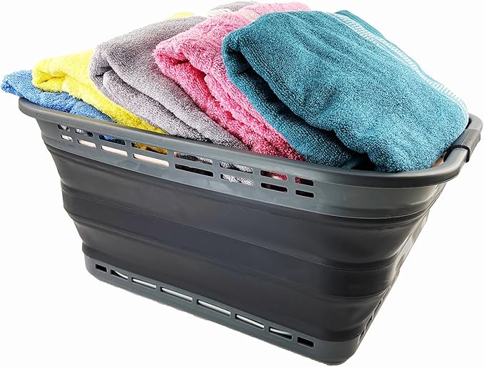 SAMMART 42L (11 Gallons) Collapsible Plastic Laundry Basket - Foldable Pop Up Storage Container/Organizer - Portable Washing Tub - Space Saving Hamper/Basket [BPA Free] (Grey/Nive Iron)