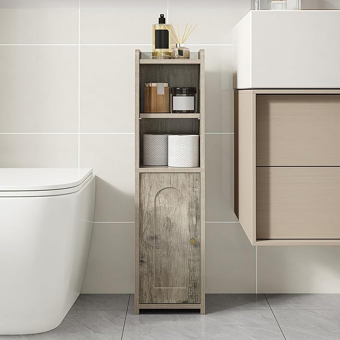 Bathroom Storage Cabinet, Corner Floor Cabinet with Doors and Adjustable Shelf, Narrow Toilet Paper Cabinets, Bathroom Organizer for Small Spaces, Greige BC19705X
